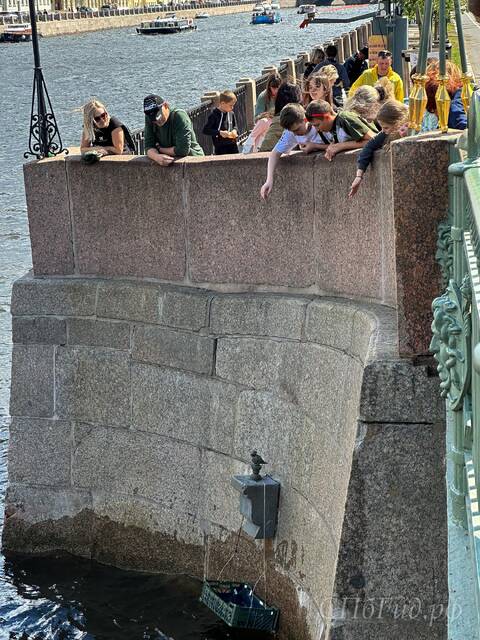 Туристы кидают монетки на памятник Чижик-Пыжик