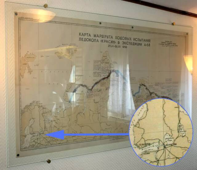 Маршрут ходовых испытаний ледокола «Красин» в 1950 году почему-то нарисован на карте 1937 года, когда Карельский перешеек еще принадлежал Финляндии
