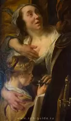 Женщина поит маленькую дочку — картина Якоба Йорданса «Бобовый король»