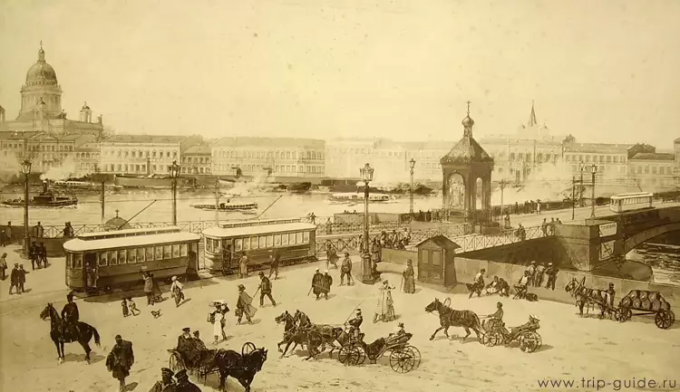 Трамвайная линия через Николаевский мост, 1902 г. Трамвайная линия через Николаевский мост, 1902 г.