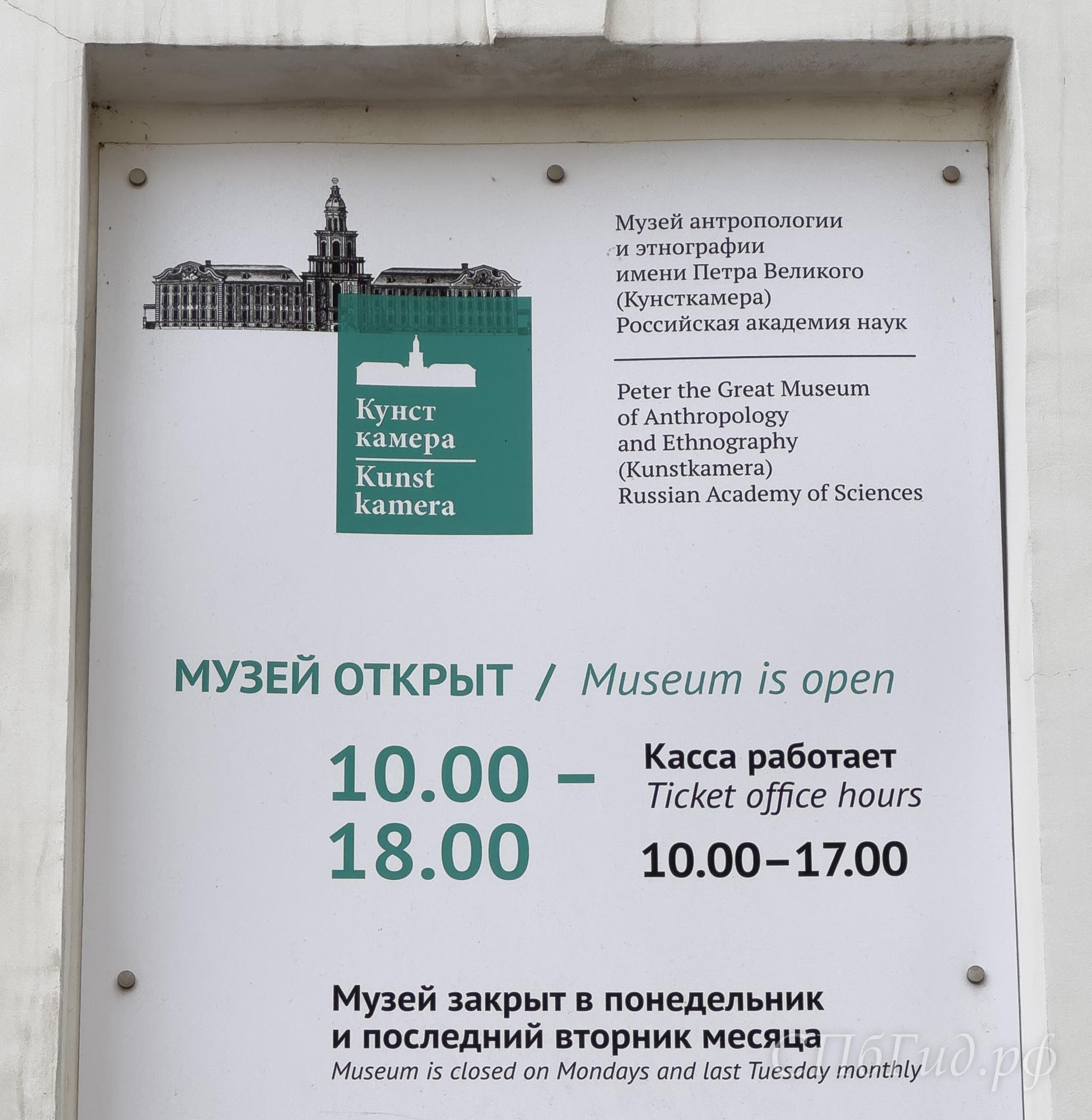 Режим работы Кунсткамеры