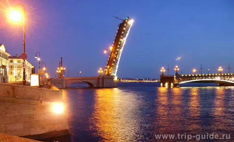 Вид на Дворцовый мост через разведенный пролет Троицкого моста Вид на Дворцовый мост через разведенный пролет Троицкого моста